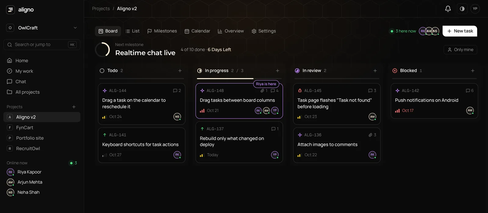 Aligno board with live presence on a task